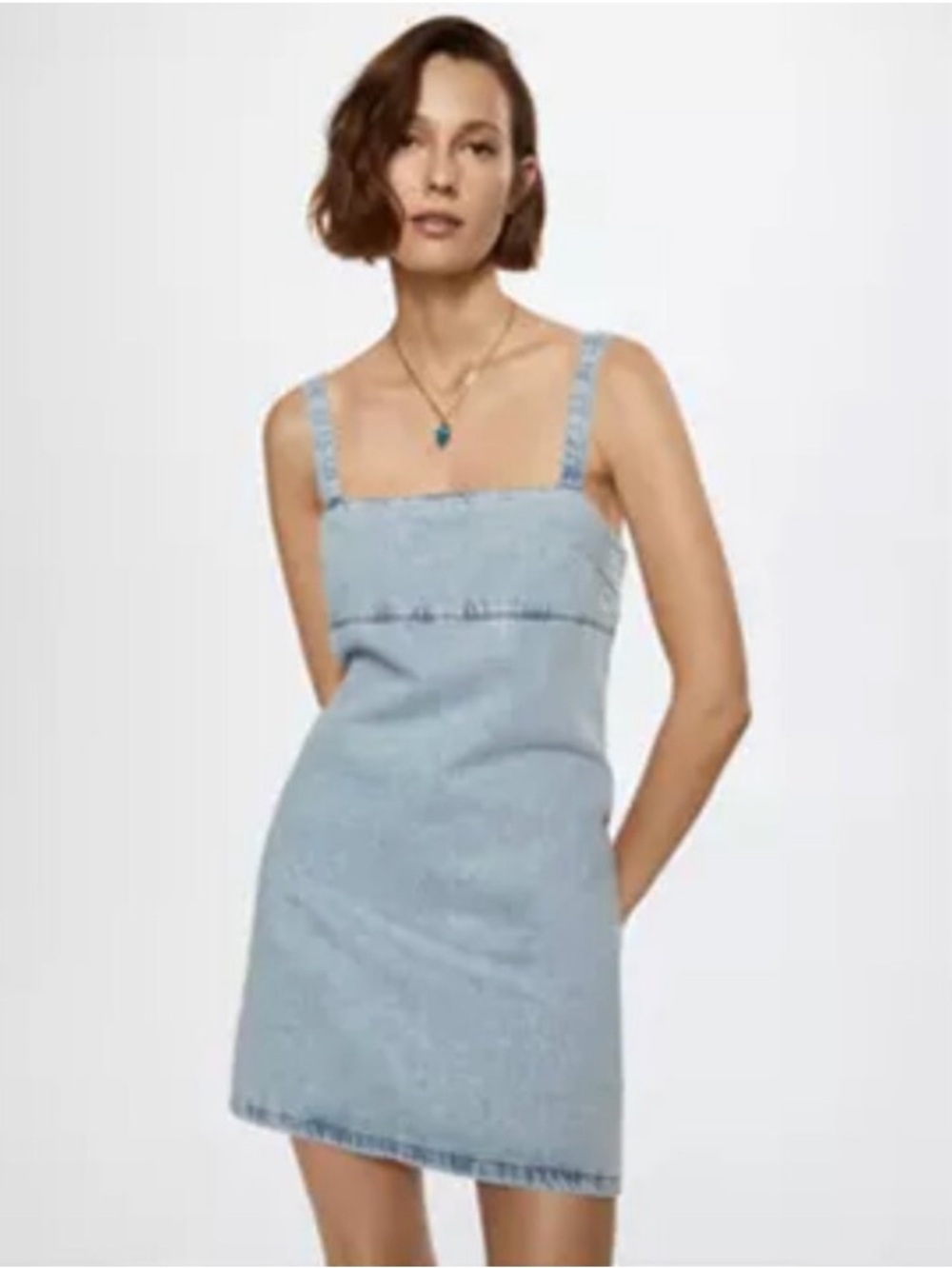 Mango Textured Light Denim Square Neck Mini Dress, Light Blue Wash NWOT‎ Size 6